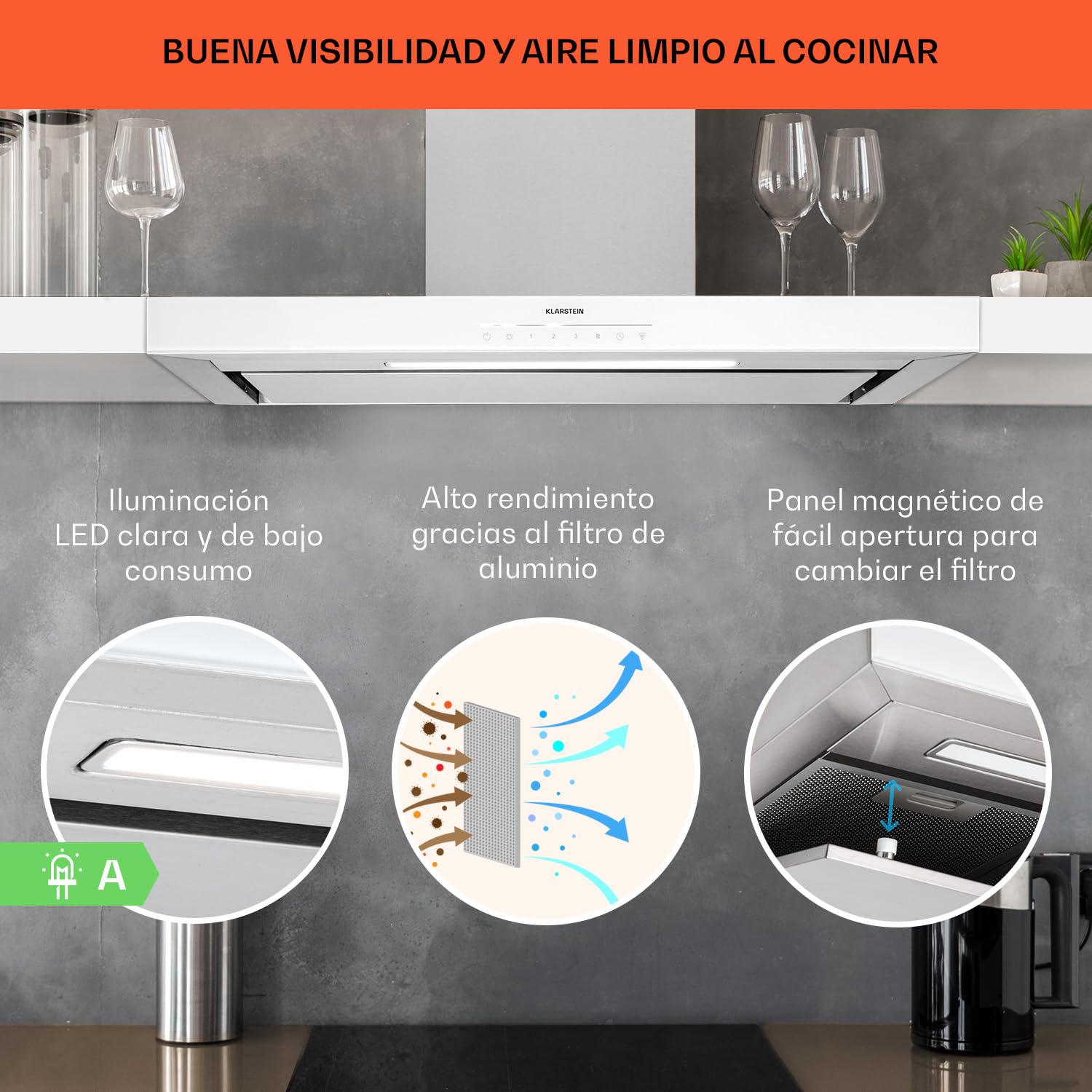 Klarstein Campana Extractora Cocina 90cm, Extractor Con Filtros Anti Grasa Para Lavar En Lavavajillas, Campanas Extractoras Con Flujo Aire 600 M³/h Airflow, Extractores Cocinas
