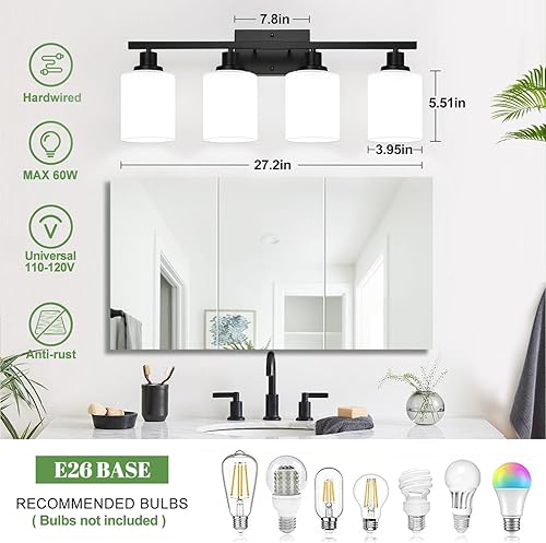 Miniatura 7 de Lámparas de baño de 4 luces, lámpara de tocador con pantallas blancas lechosas, lámparas de baño negras mate sobre el espejo, lámpara de pared