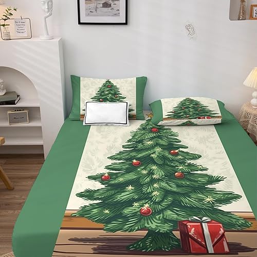 Miniatura 2 de Sábanas para árbol de Navidad, tamaño individual, sábanas de Navidad con patrón verde, juego de 3 piezas, sábana bajera ajustable de microfibra