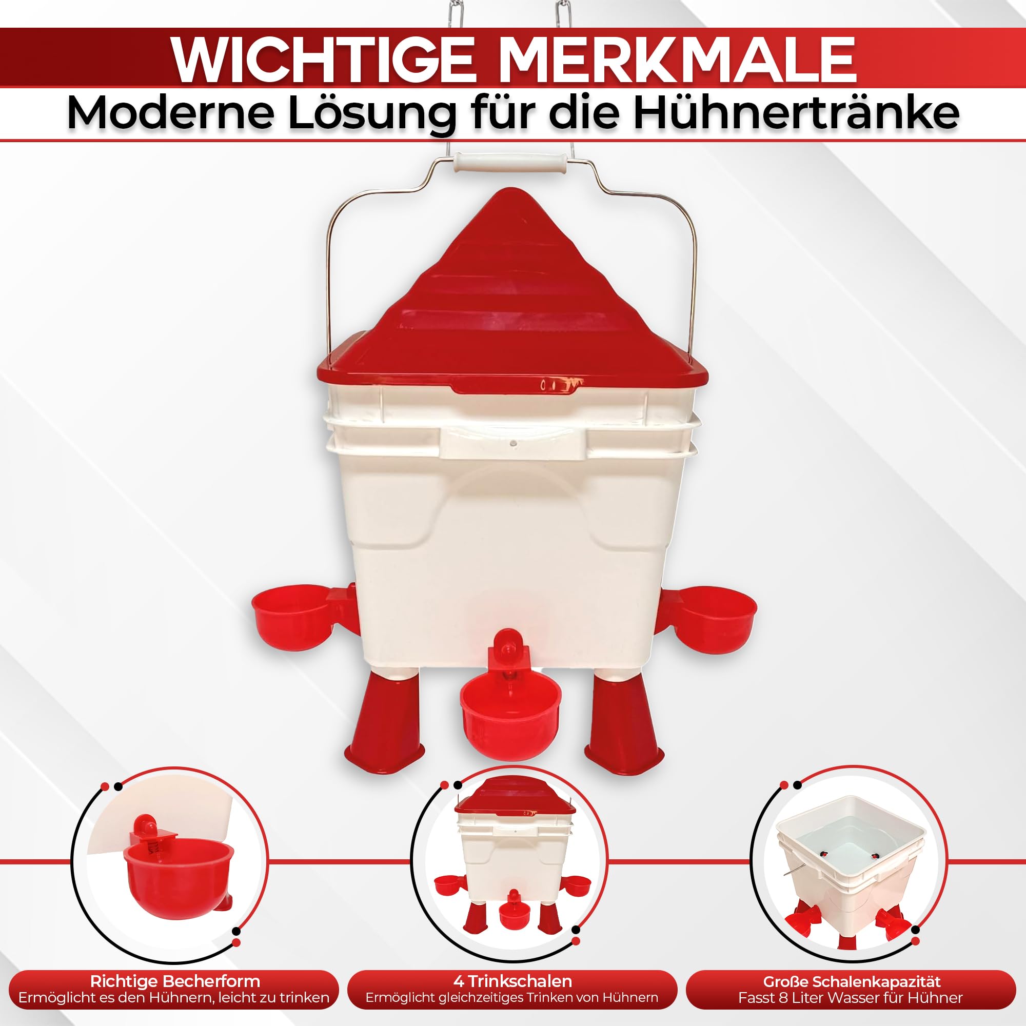 Breker Hühner Tränkeeimer 8 L + Futterautomat 6 KG [mit ABNEHMBAREN STANDBEINEN] Futterspender & Hühnertränke für Hühner, Enten und Gänse - inkl. 1M Metallkette - Automatiktränke - mit 4 Öffnungen