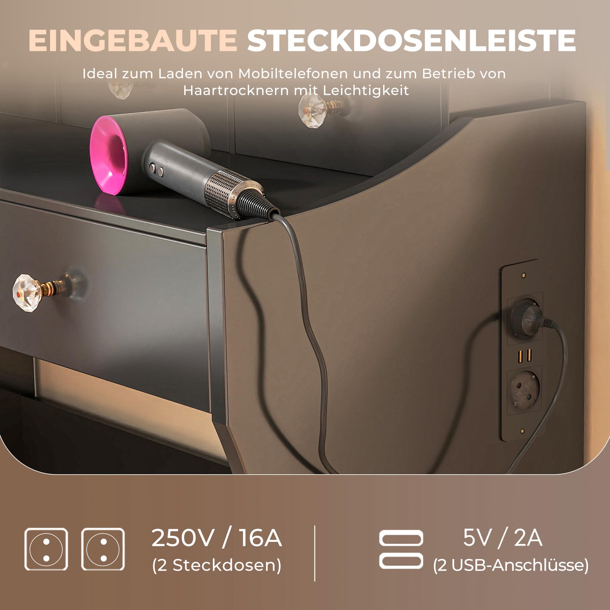 COMHOMA Schminktisch mit Beleuchtung, Schminktisch mit Spiegel und Verdeckter LED Lichtleiste, mit Stuhl und 5 Schubladen, Steckdosenleiste, DREI Farbtemperaturen und Helligkeit Einstellbar, Schwarz
