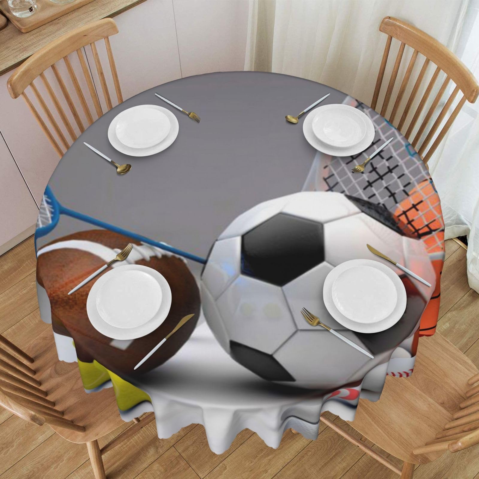 DCEHGEW 60 In Round Tablecloth with Lace, Sports Themed Printed Oilproof & Washable Fabric Picnic Table Cloth Table Covers