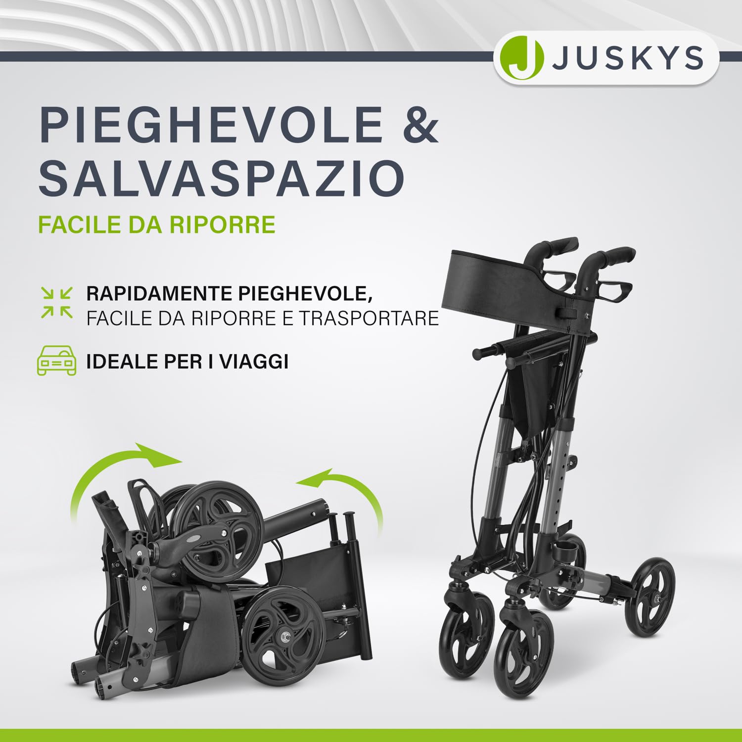 Juskys Rollator Vital nero – Aiuto per la deambulazione pieghevole e leggero in alluminio fino a 130 kg – Supporto per la deambulazione regolabile in altezza con sedile, borsa e supporto per ombrello