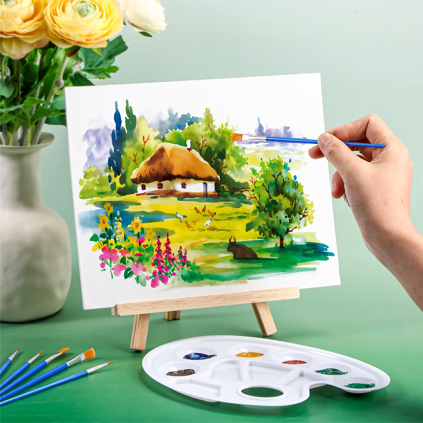 Zonon 120-teiliges Malset mit Staffeleien, Holzstaffeleien, Malleinwand, Nylon-Haarbürsten und Kunststoffpaletten mit Daumenloch, Kunstmalerei-Set für Kinder, Erwachsene, Studenten (17,8 x 24,1 cm)
