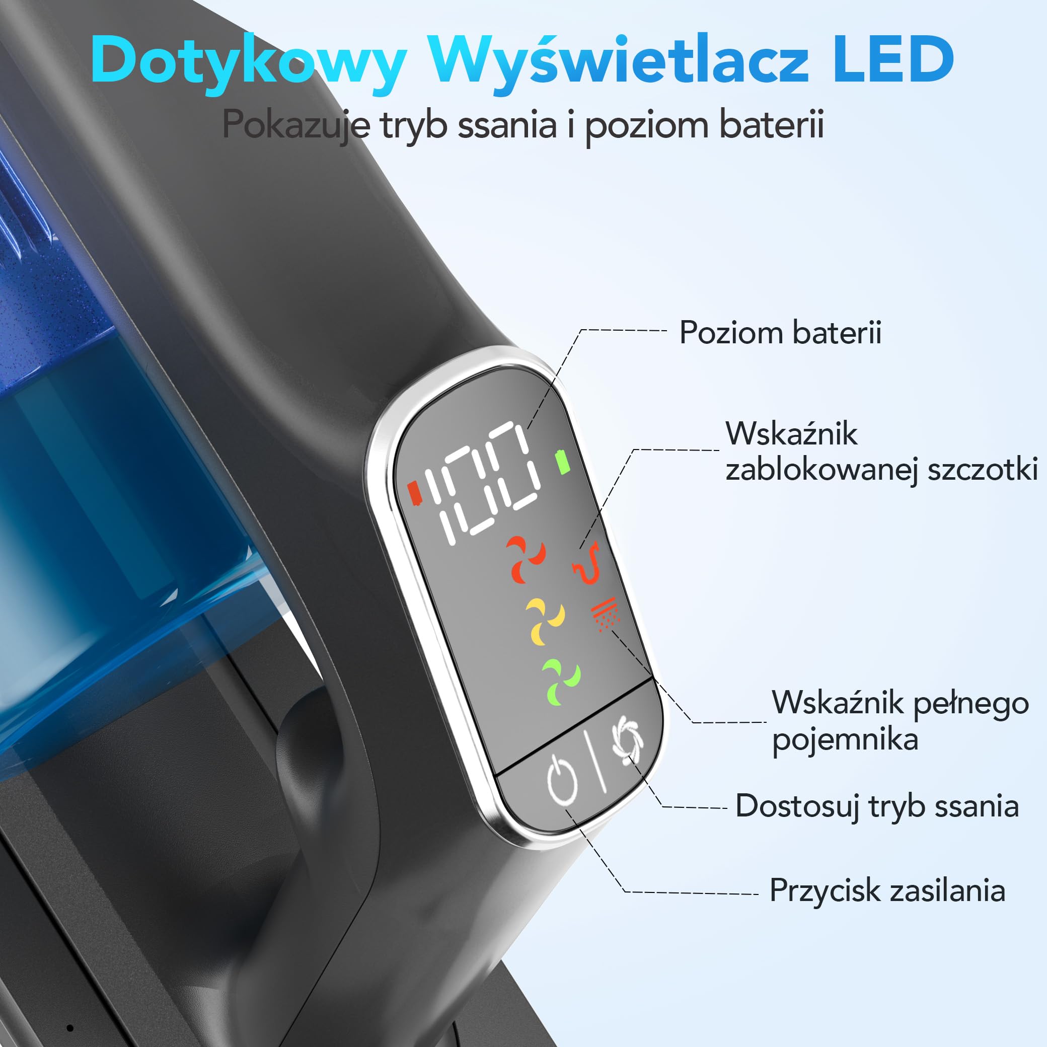Greenote GSC80 Bezprzewodowy Odkurzacz Pionowy 45KPa/600W, ze Stacją Ładowania, Czas Pracy do 60 Min, Składana Rura, Ekran Dotykowy, Szczotka Anti-Tangle do Sierści Zwierząt, Dywany i Twarde Podłogi