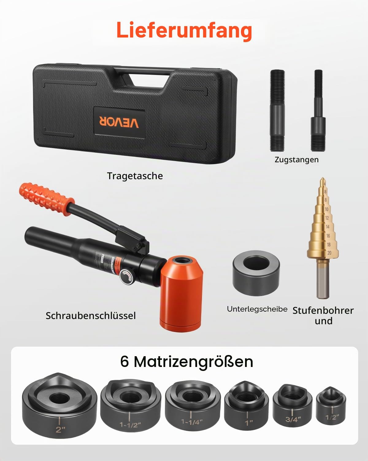 VEVOR Ausbrechstanzen-Set, 10 t hydraulisches Ausbrechset, 22,5 bis 61,5 mm KO-Werkzeugsatz, Lochherstellungswerkzeug, KO-Werkzeugsatz mit 6 Matrizen für Metallschaltschränke, Schaltschränke