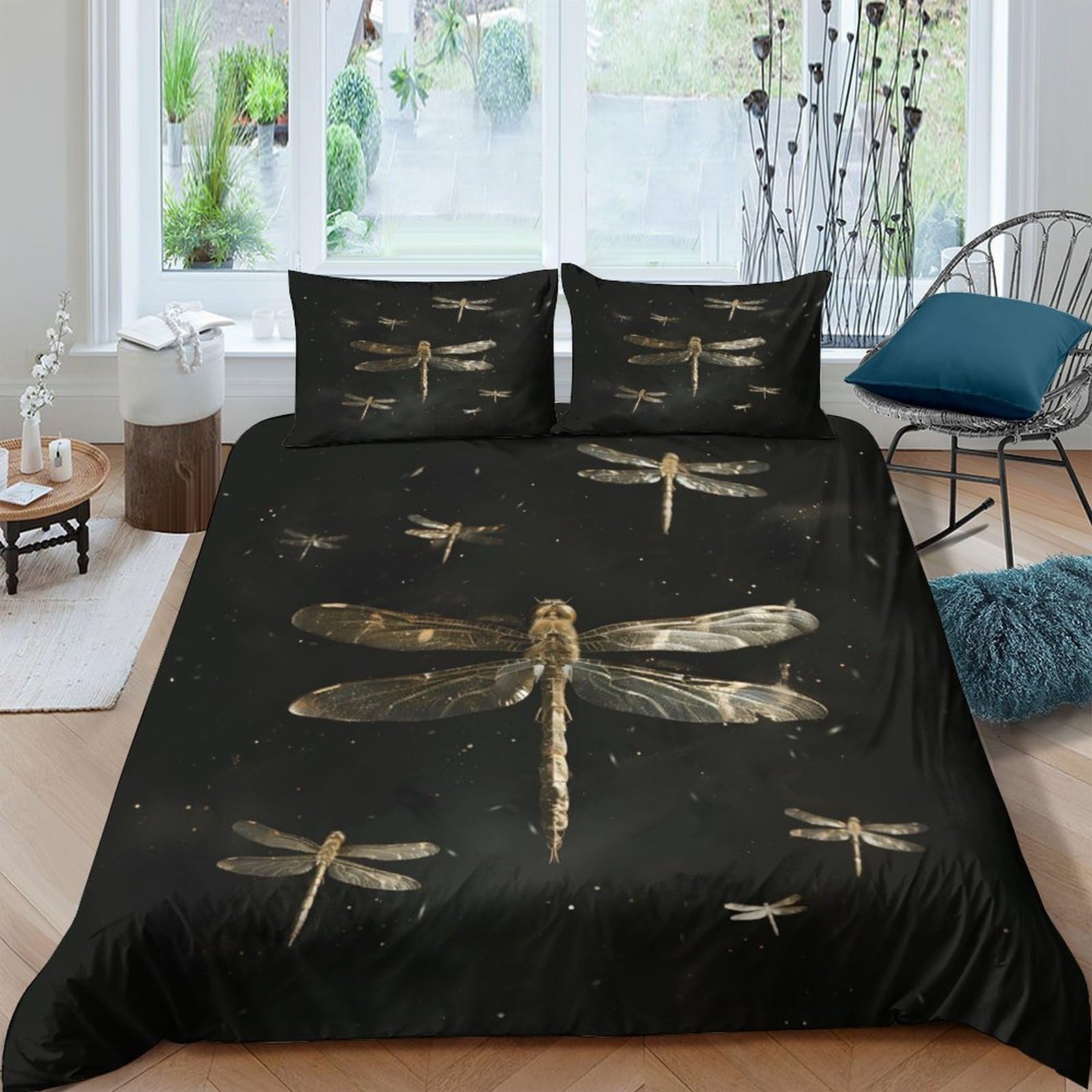 Ctjqhvkz Style-8 3D Printed Golden Dragonfly Fitted Sheet Microfiber Soft Black Bed Sheet Artistic Mattress Cover For Bedroom Decor Single（135X200cm）