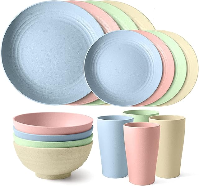 28 pcs Camping Set, Lightweight Cutlery Set,Unbreakable Dinner Sets, Large Dinner Plates, Cups, Bowls, Cutlery. Great for Whole Family & Adult, Apply to Picnic Party BBQ Wedding Camping