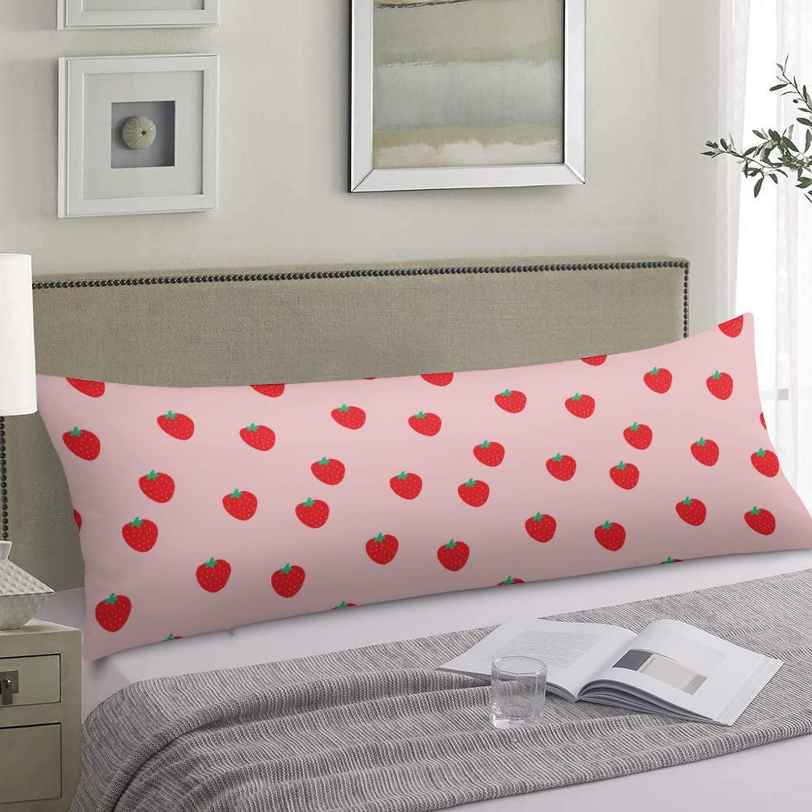 AIMSTONG Strawberry Body Pillow Cover Pink Spring Continuous Cartoon Fruit Strawberries Long Case Protector With Zipper Decorative Soft Large Cases
