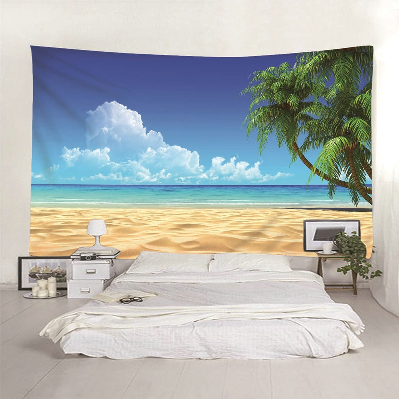 Aeici Tapiz Tela Muro Playa, Tapices Pequeños Pared Tapiz Playa Coconut Tree Océano Cielo- Azul Verde, 300x260CM