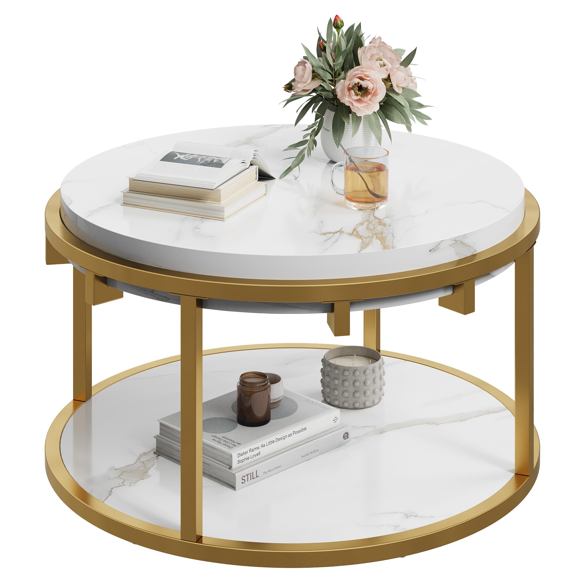 31 5 Round Coffee Table 2-Tier Small Coffee Tables with Faux Marble and Gold Metal Frame 2 4