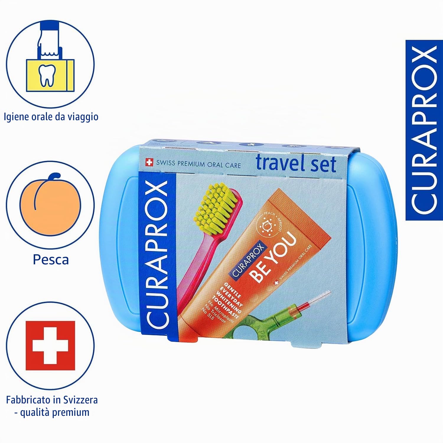 Curaprox Travel Kit-CS 5460 Spazzolino da denti con dentifricio "Be You" | 2 Scovolini CPS Prime 07 e 09 / Dental Care Kit 9,5 cm x 6 cm/Blu/Made in Switzerland