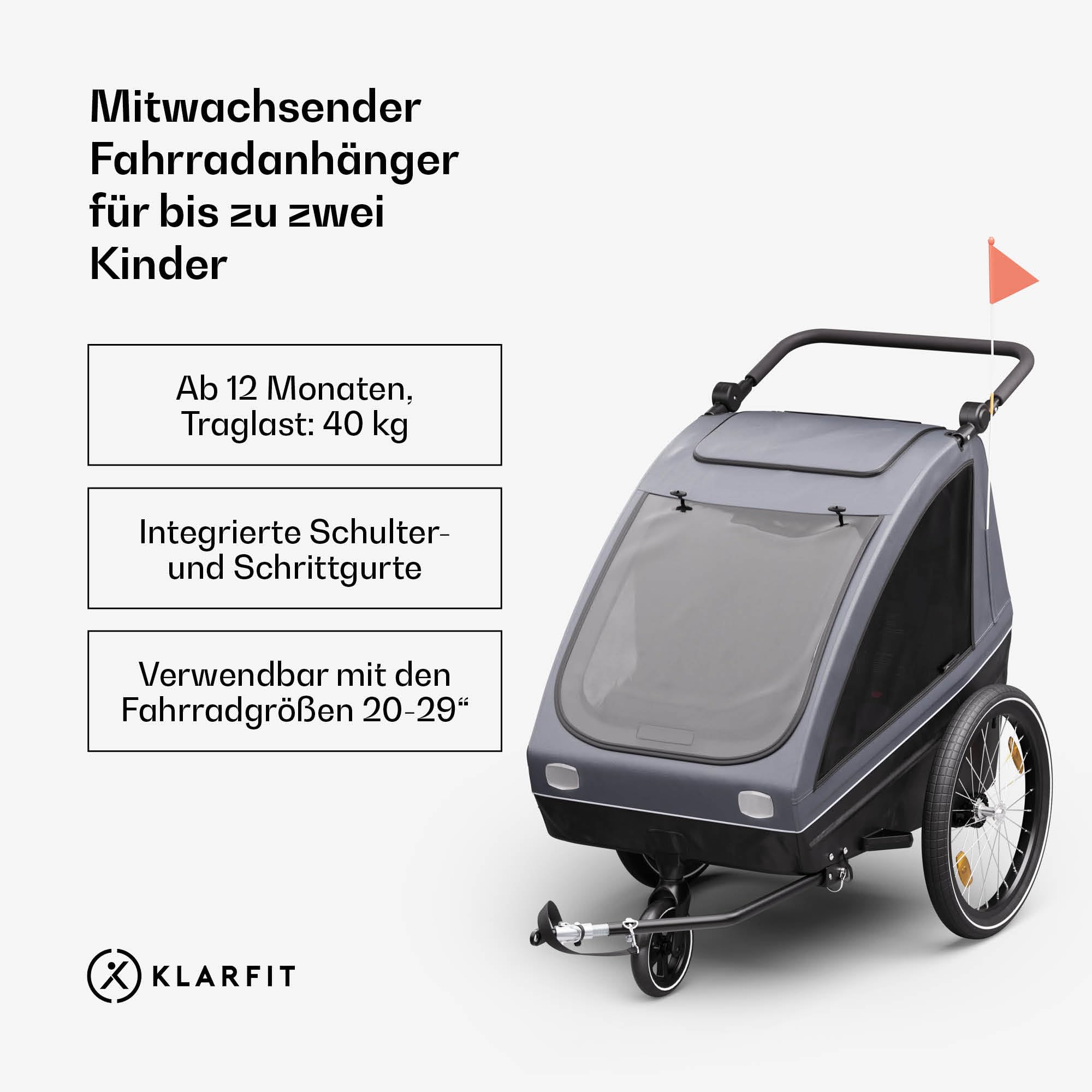 Klarfit GoKiddo Fahrradanhänger 2 Kinder - 2-in-1 Fahrradanhänger & Buggy mit Bremsen, Sicherheitsgurten, Verstellbaren Sitzen, 40kg Kapazität, Regen & UV Schutz, Zusammenklappbar, Dunkelgrau