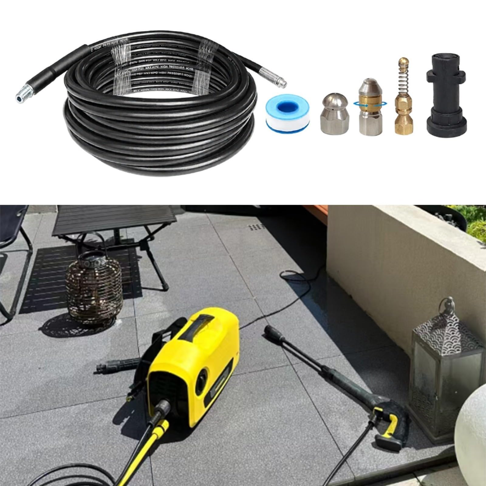 Kit de limpieza de manguera de drenaje de alta presión para Karcher K1-K5 con 3 boquillas y conector para desatascar tubos de drenaje al aire libre (15 m)