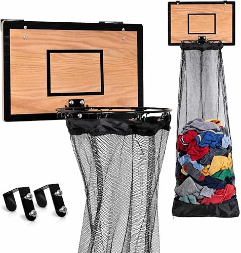 Wooden Basketball Hamper - Hoop Laundry Basket Over the Door - Basketball Gifts For Brother