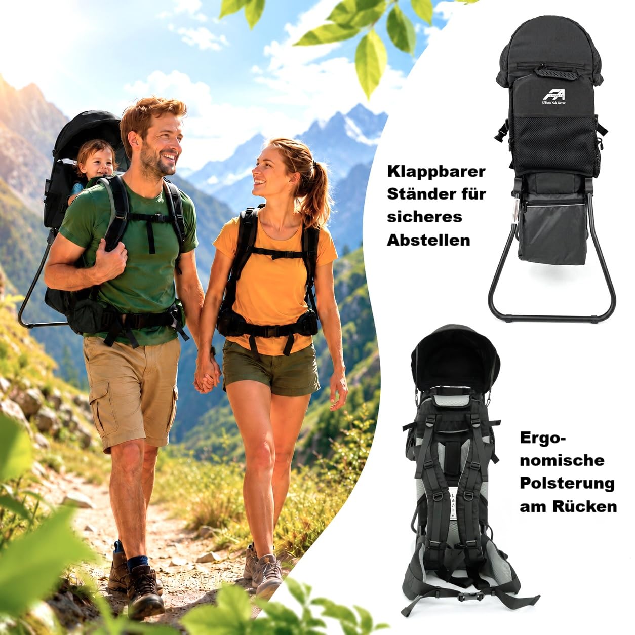 Lil' Boss Kinder Rückentrage Wandern, FASports Kindertrage 20kg bis 25kg, ergonomische Kindertrage Rucksack mit Regen- und Sonnendach, Kinderkraxe Kleinkind Schwarz-Grau, 50 x 38 x 90 cm