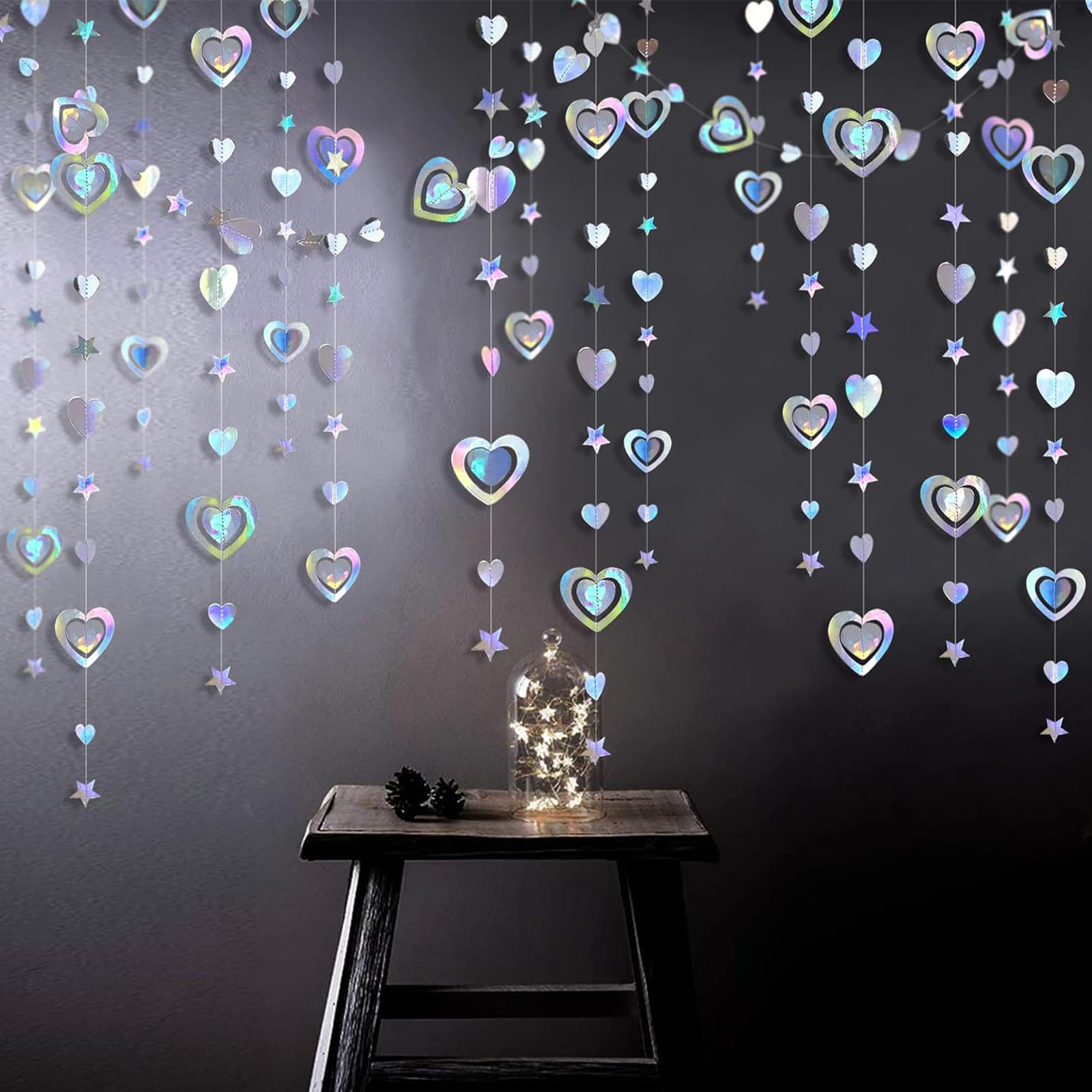 Ainmto Holographic Rainbow Hanging Paper Garland,Glitter Love Heart Paper Decoration for Party(40 Ft/4 Pack) - Image 3