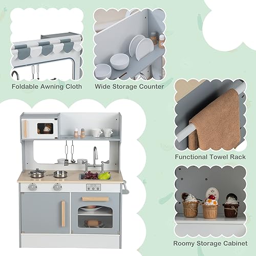 Miniatura 6 de GLACER Cocina de juego 2 en 1, juguetes de juego de simulación de doble cara, juegos de cocina y mesa auxiliar con accesorios de cocina, microondas,