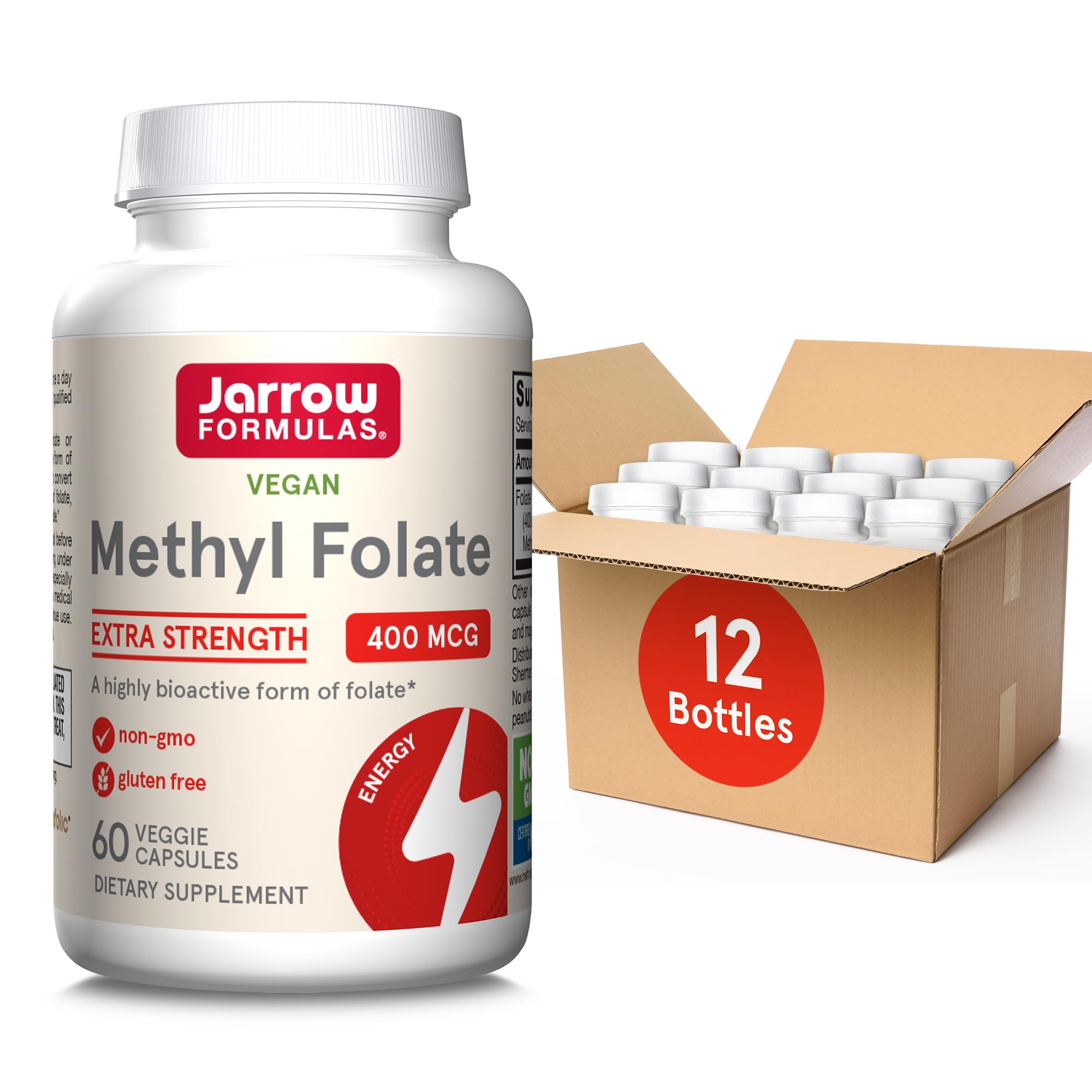Jarrow Formulas Extra Strength Methyl Folate 400 mcg, Dietary Supplement for Cardiovascular and Neurologic Health Support, 60 Veggie Capsules, 60 Day Supply (Pack of 12) Unflavored 60 Count (Pack of 12)