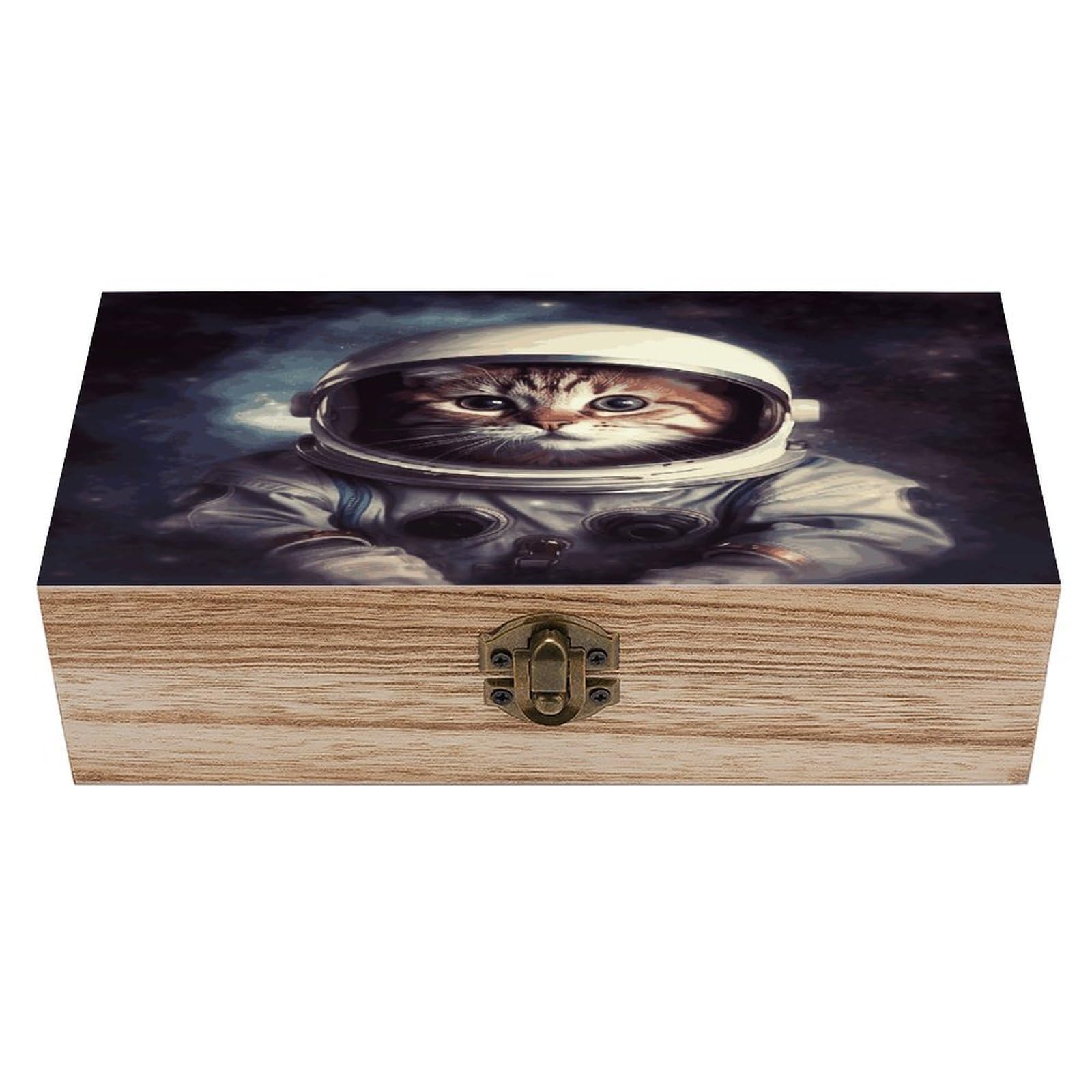 VstaDank Animal Cat Astronaut Wooden Storage Box Wooden Keepsake Box with A Hinged Lid Fashion Memory Treasure Boxes Decorative Jewelry Case for Crafts Photo Home Decor Wood Gift Box