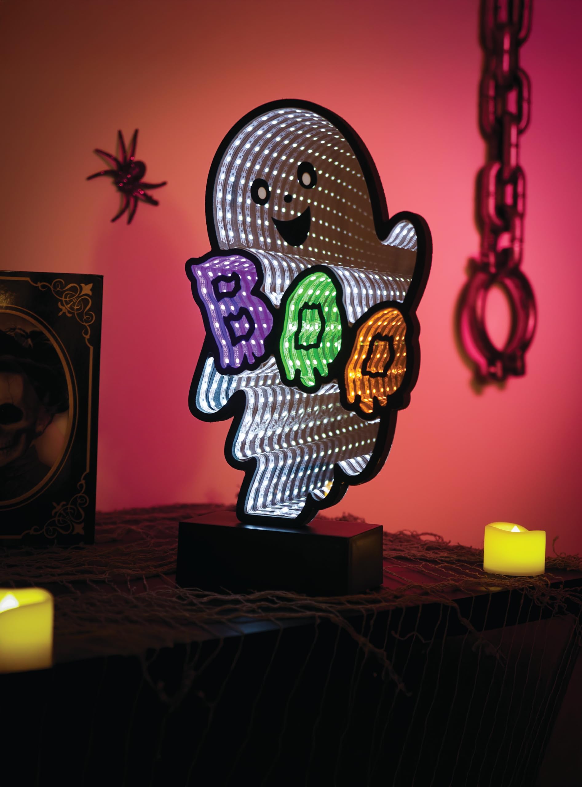Smart Garden BooFinity Light – 28cm LED Ghost Halloween Decoration with Infinity Mirror Effect – Multicolour Battery Operated Light Up Ornament with Double Sided Design