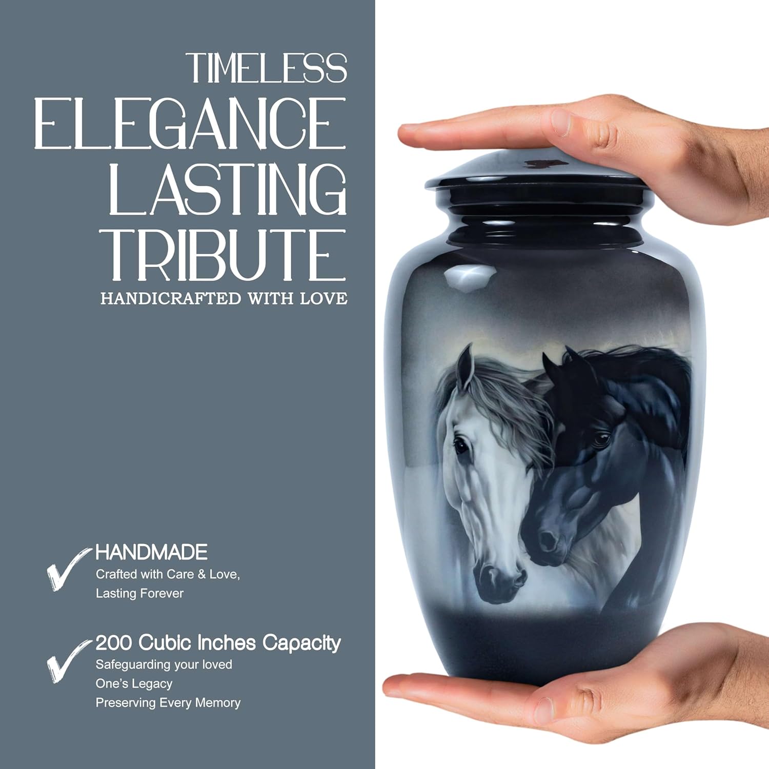 Horse Design Cremation Urn for Human Ashes Adult Male & Female – Large 200 Cu in Enamel-Coated Aluminum Funeral Urn with Velvet Bag – Decorative Metal Memorial Burial Urn for Men & Women Black Finish