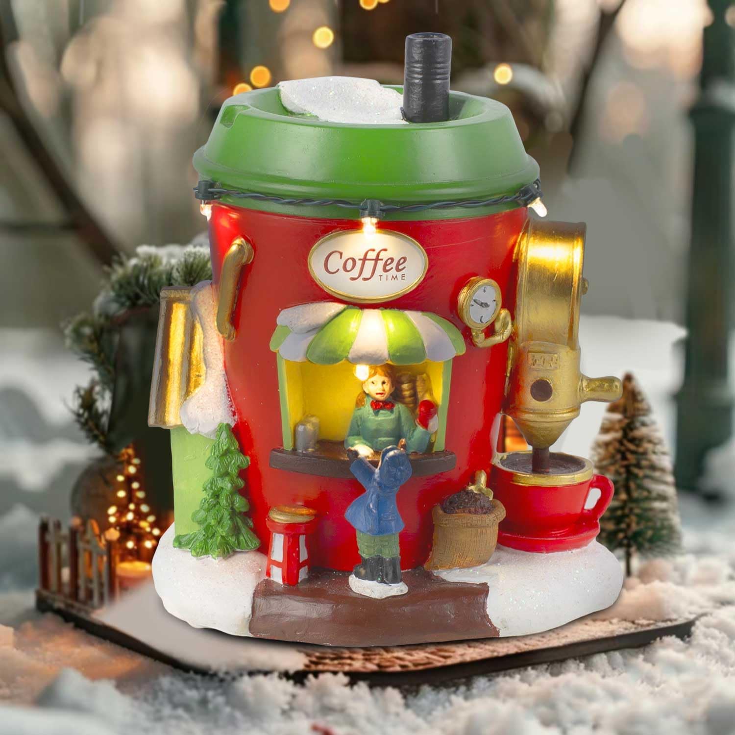 innodept12 LED Light-up Christmas Coffee Cup Shop House, Red Cup House Christmas Village Collection, Battery Operated