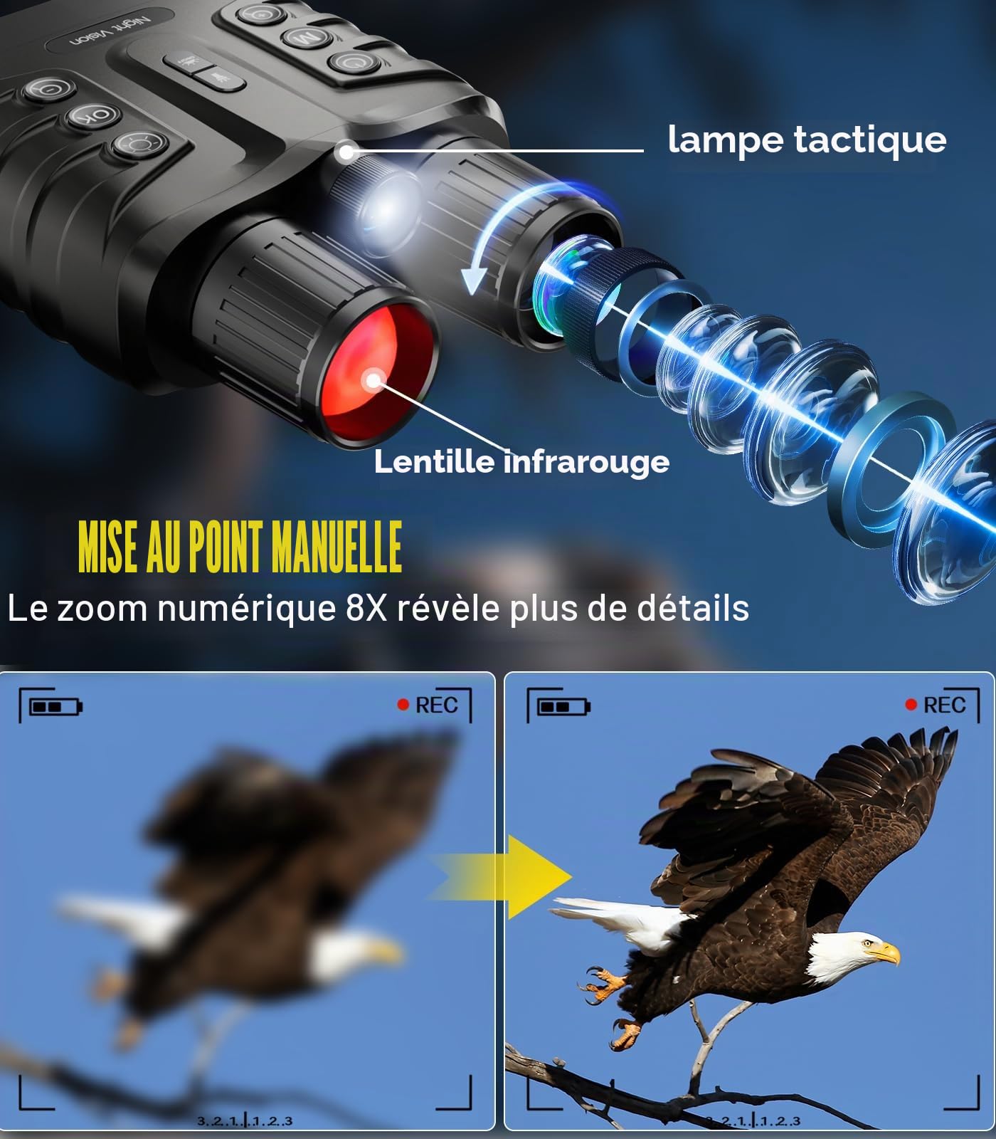 Jumelle Vision Nocturne 4K 48MP, 10 000 mAh Rechargeable, f/1.4 Grande Ouverture Jumelles Infrarouge, Portée de Vision 600M, 3" HD Écran, Zoom Numérique 8X avec Carte TF 32 Go