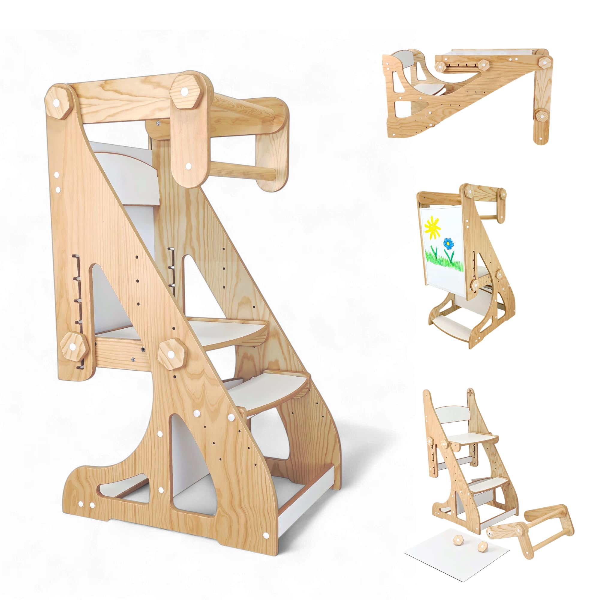 Torre Montessori 4 en 1 para niños – Torre de Aprendizaje, Mesa con Silla, Pizarra Infantil y Silla Evolutiva Ajustable – Madera Segura, 2 a 9 años (Pino)