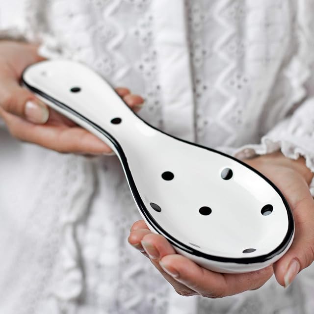 City to Cottage® White and Black Polka Dot Handmade Hand Painted Ceramic Kitchen Cooking Spoon Rest | Utensil Holder