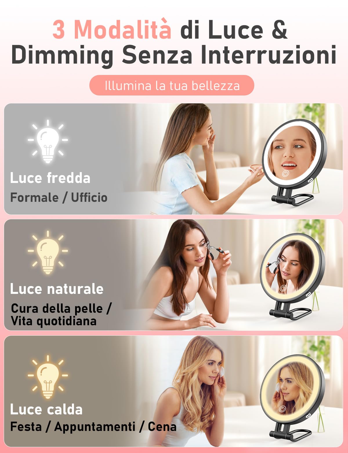 Robofun Specchio Trucco con Luci, 1X/10X Specchio Ingranditore con Luce, 3 Colori di Luce e Luminosità Regolabile dal 20%-100%, 3000mAh Custodia in Metallo Specchio Ingranditore - Nero