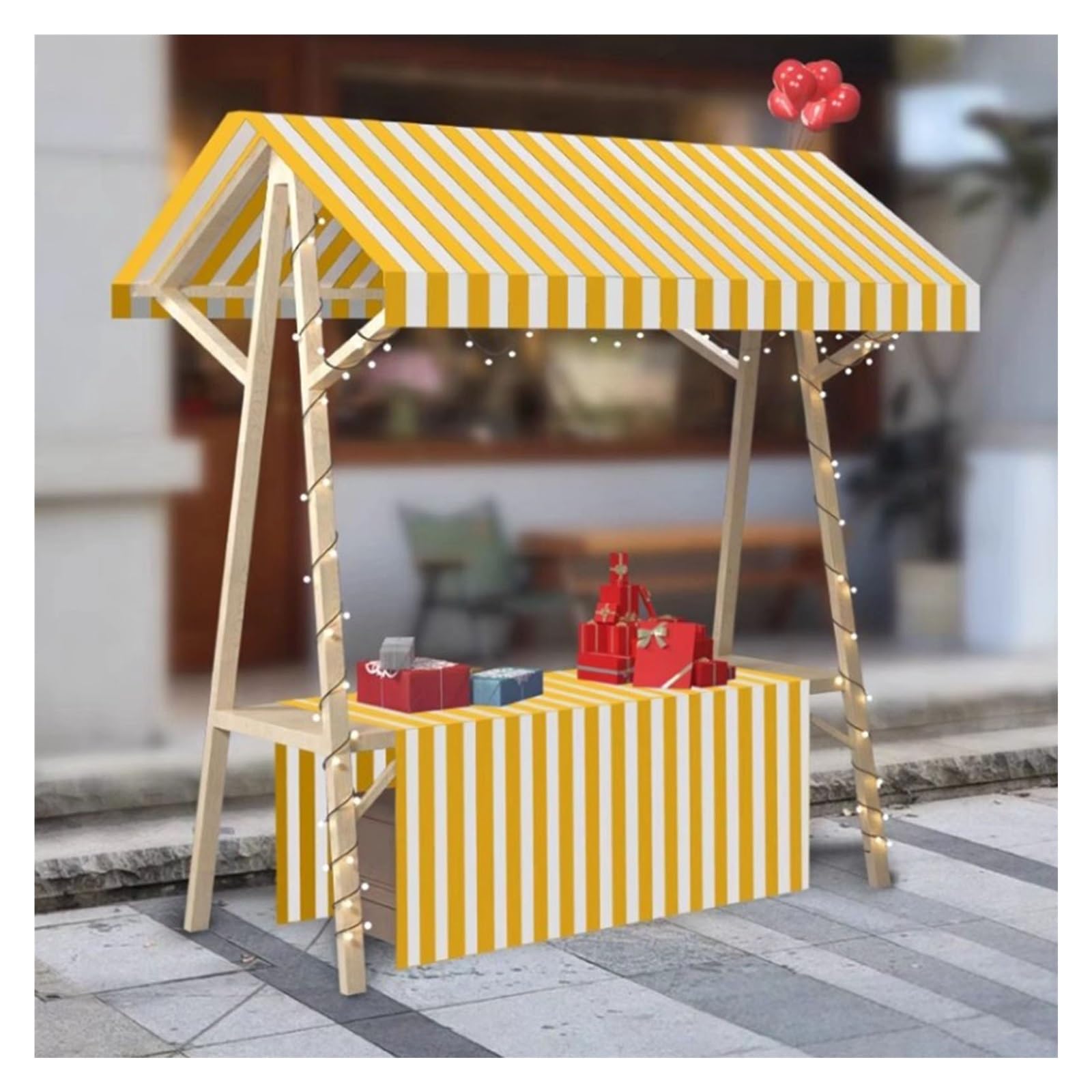 Drewniany wózek dla sprzedawcy, przenośny stojak na lody, desery i napoje, 150 cm - kiosk ekspozycyjny na zewnątrz w kolorze jasnożółtym
