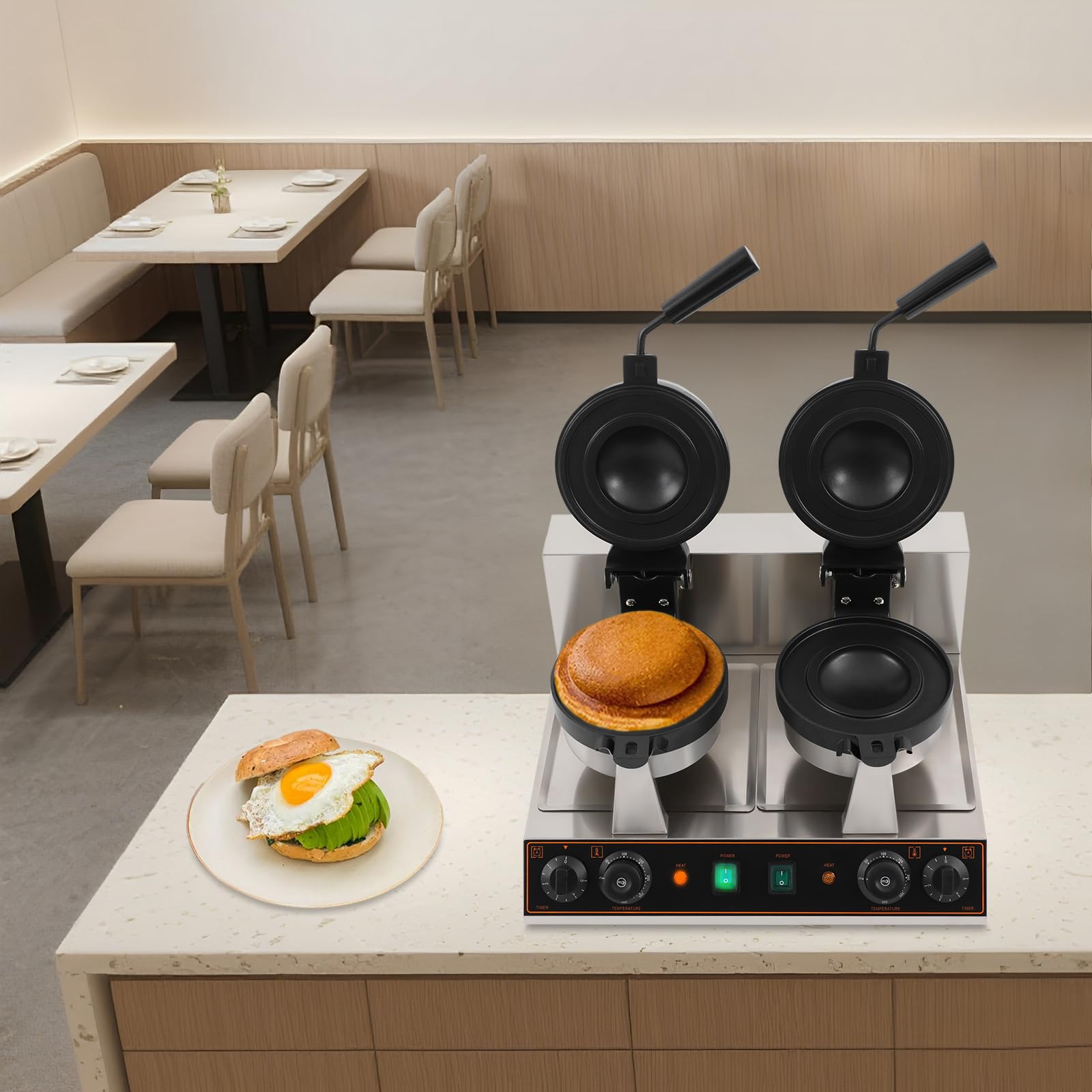 Electric Burger Machine, 2400W Double-Head Non-stick Ice Cream Burger Maker, Panini Hamburger Sandwich Press 180° Rotary Heating w/Time & Temp Control for Home Kitchen Restaurant Snack Dessert