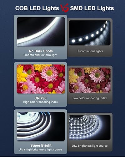 Miniatura 5 de ALITOVE Tira de luz LED blanca COB de 16.4 pies con control remoto, súper brillante, regulable, 6000 K, CRI90 COB, tira de luces LED COB, 12 V, 1600