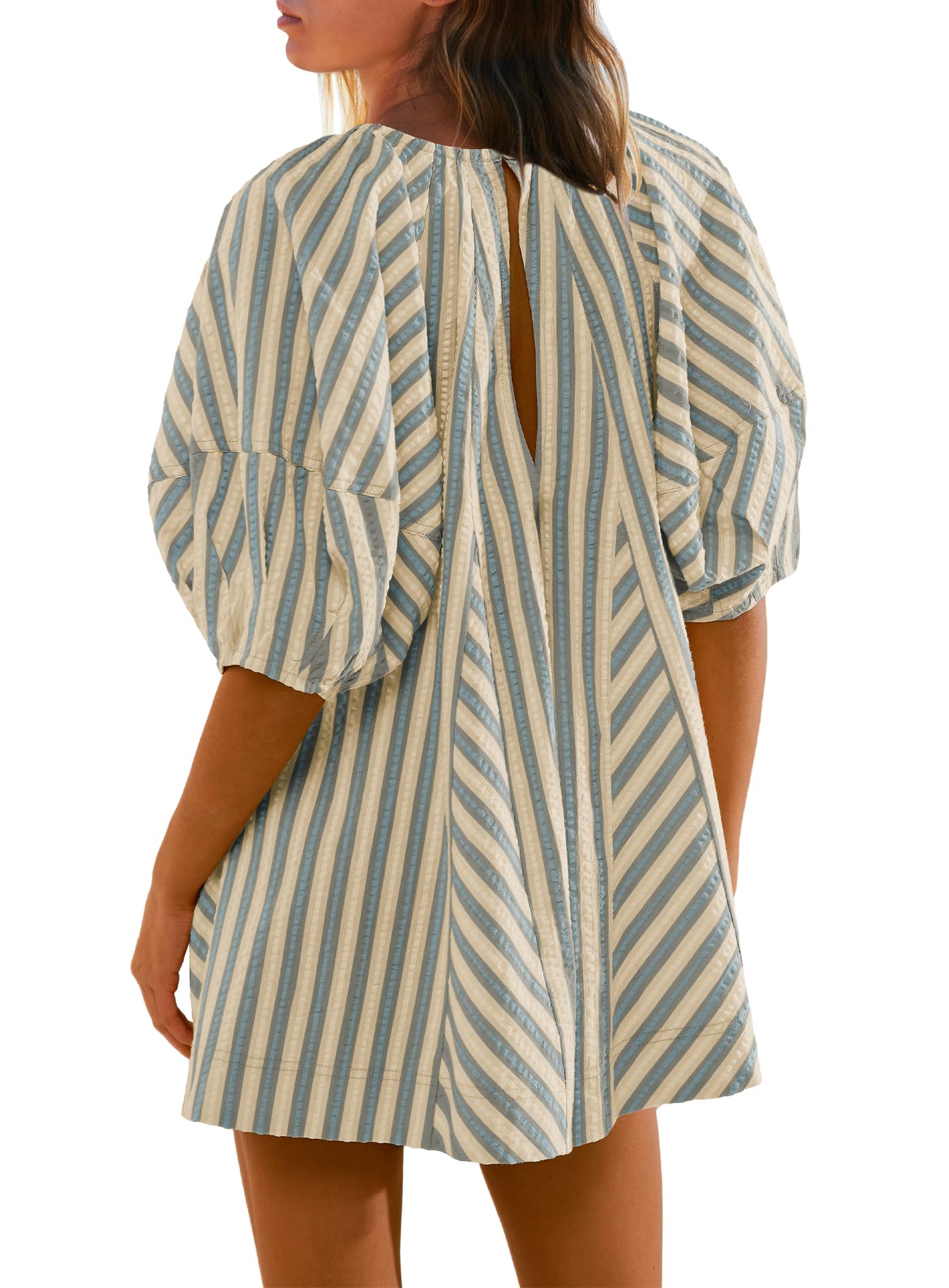 Yanekop Pagliaccetto da donna con pantaloncini a righe pagliaccetto generale oversize tuta corta scollo a V manica a sbuffo mini abito