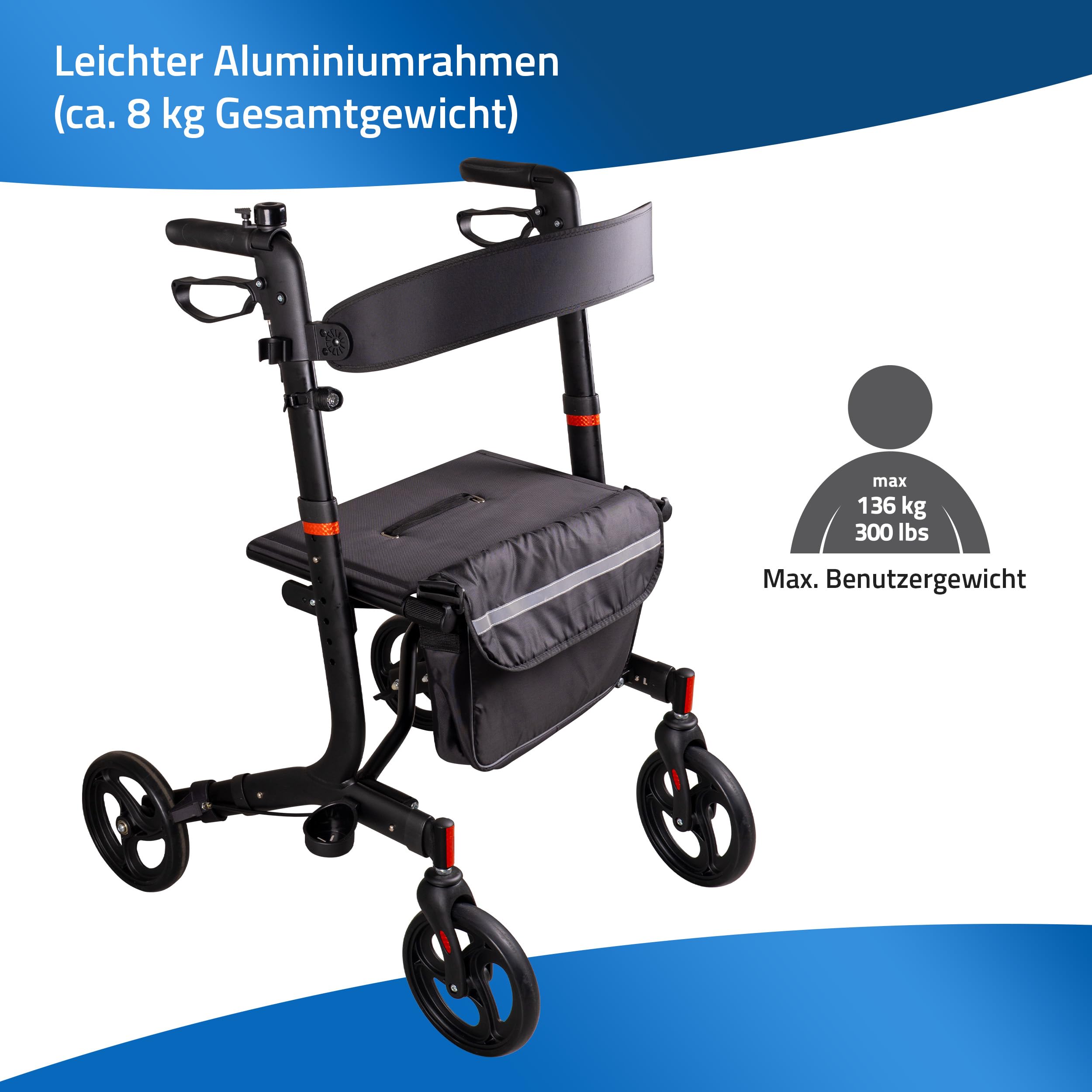 RIDDER – Deambulatore "Black Comfort" | Carrello pieghevole con manici regolabili in altezza, sedile largo e cintura per la schiena. Passeggiata con borsa per la spesa rimovibile e supporto per