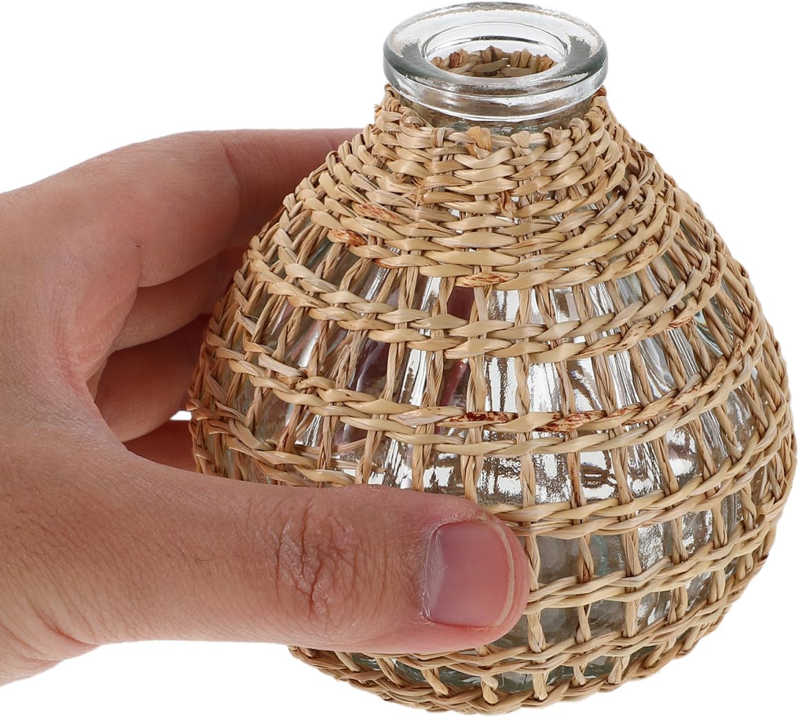 Vase with Rattan Cover, Handwoven Rattan Glass Bud Vase, Small Wicker Woven Cover Boho Floral Holder, Decorative Centerpiece for Flower Arrangements, Essential Oil Aromatherapy, Home Restaurant Decor