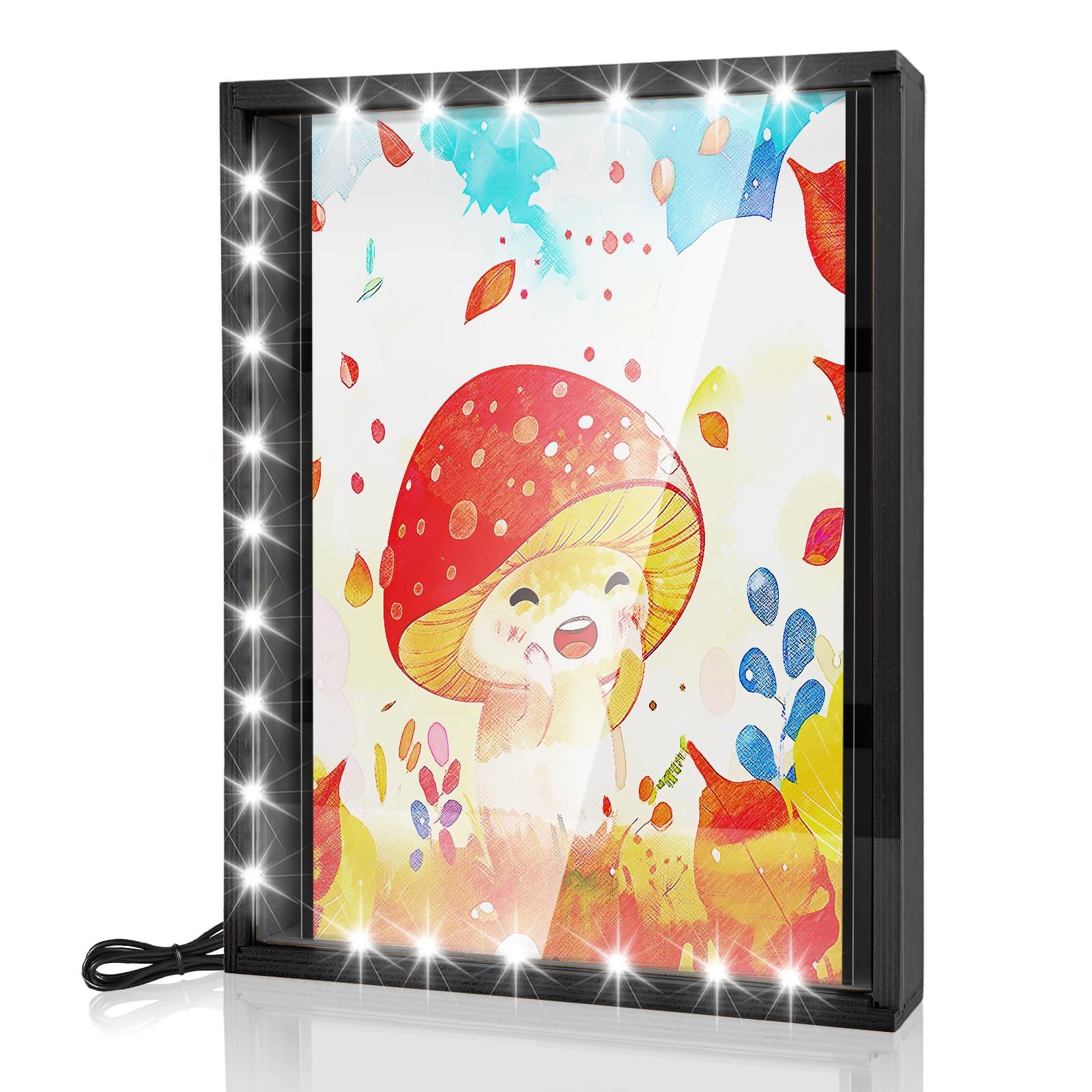 LuxRound Kids Art Frame with LED Light, Kids Artwork Frames Changeable, Artwork Display Storage Frame for Wall, Holds 50 Pcs, for 3D Picture, Crafts, Hanging Art, Portfolio (Black)