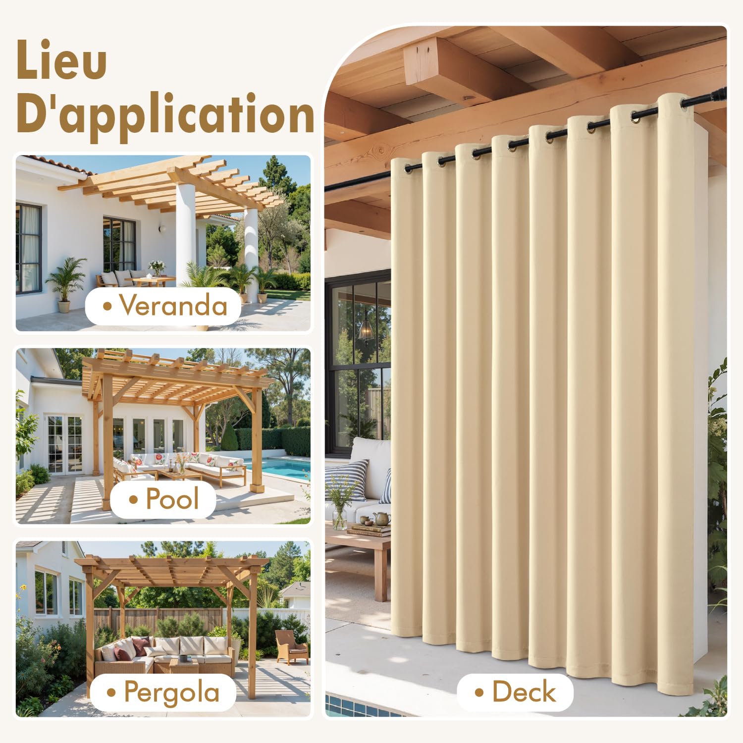 MIULEE Lot de 2 Rideau Extérieur Imperméable Oeillets 132x275cm Beige