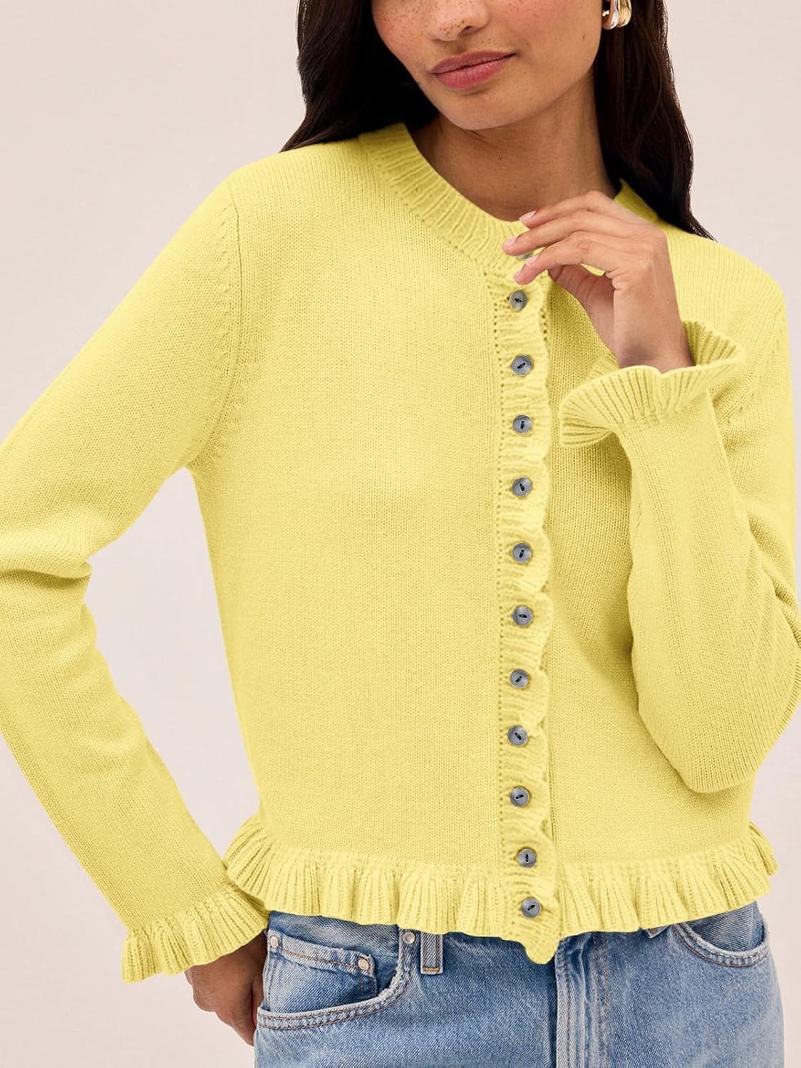 Balimtoy Womens Cropped Ruffle Cardigan Lightweight Crewneck Long Sleeve Button Down Cotton Fall Sweaters Cute Knit Top - Image 3