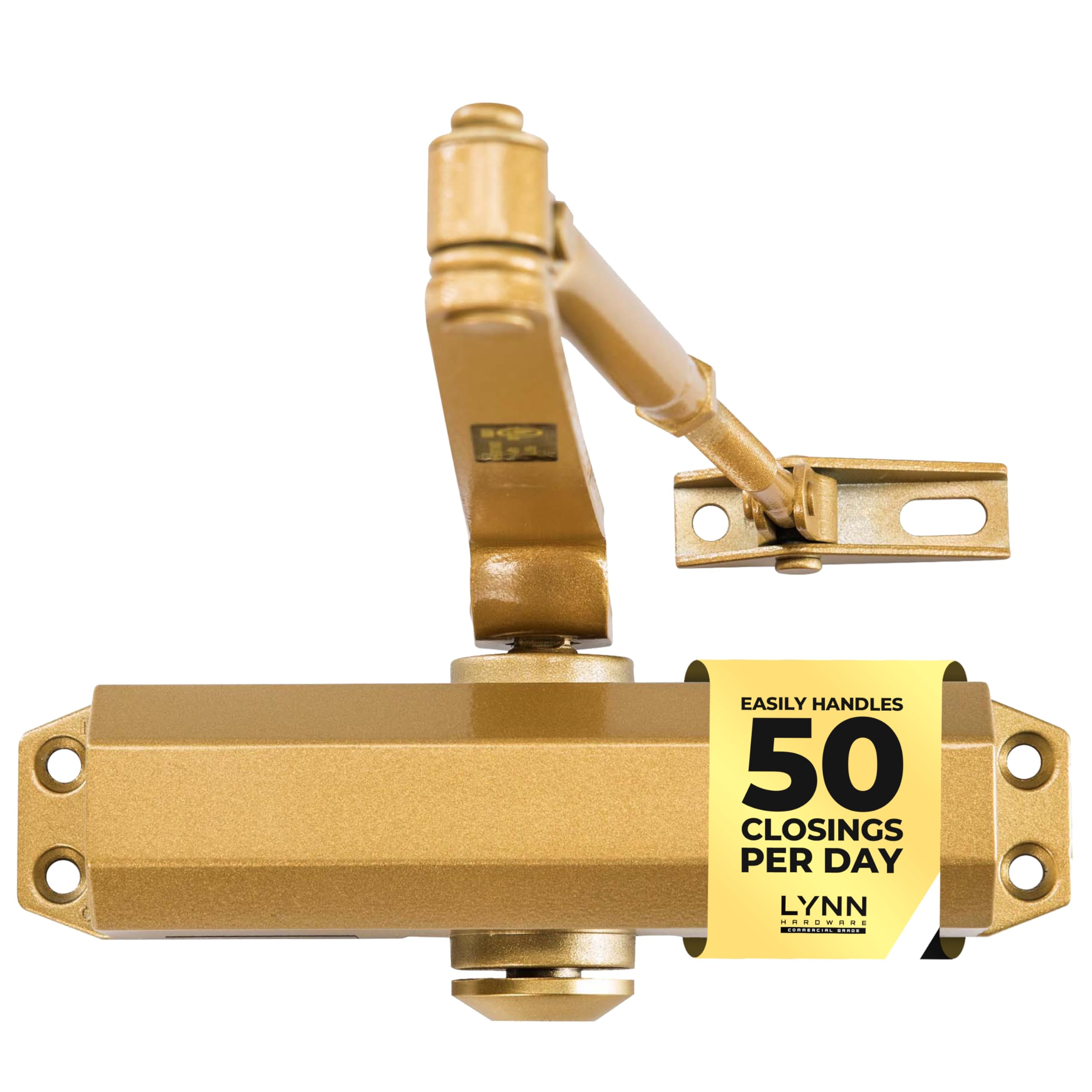 LYNN HARDWARE Light Duty Automatic Door Closer (Brass/Gold) - Highly Durable Cast Aluminum, Commercial or Home Use, Adjustable Speed Controls, 3 Mounting Options, 3 Hour Fire Rated (DC5003 Model)