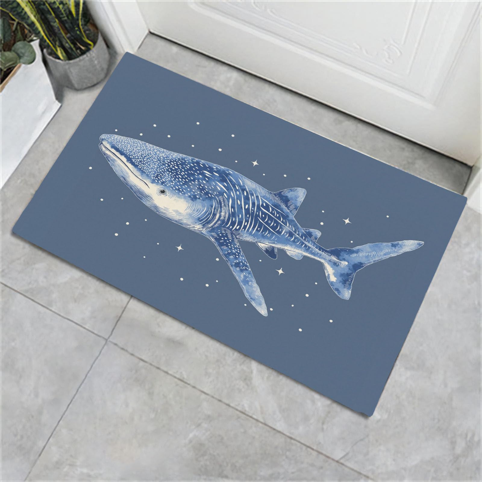 Tapis entrée antidérapant requin-baleine aquarelle extérieur bleu