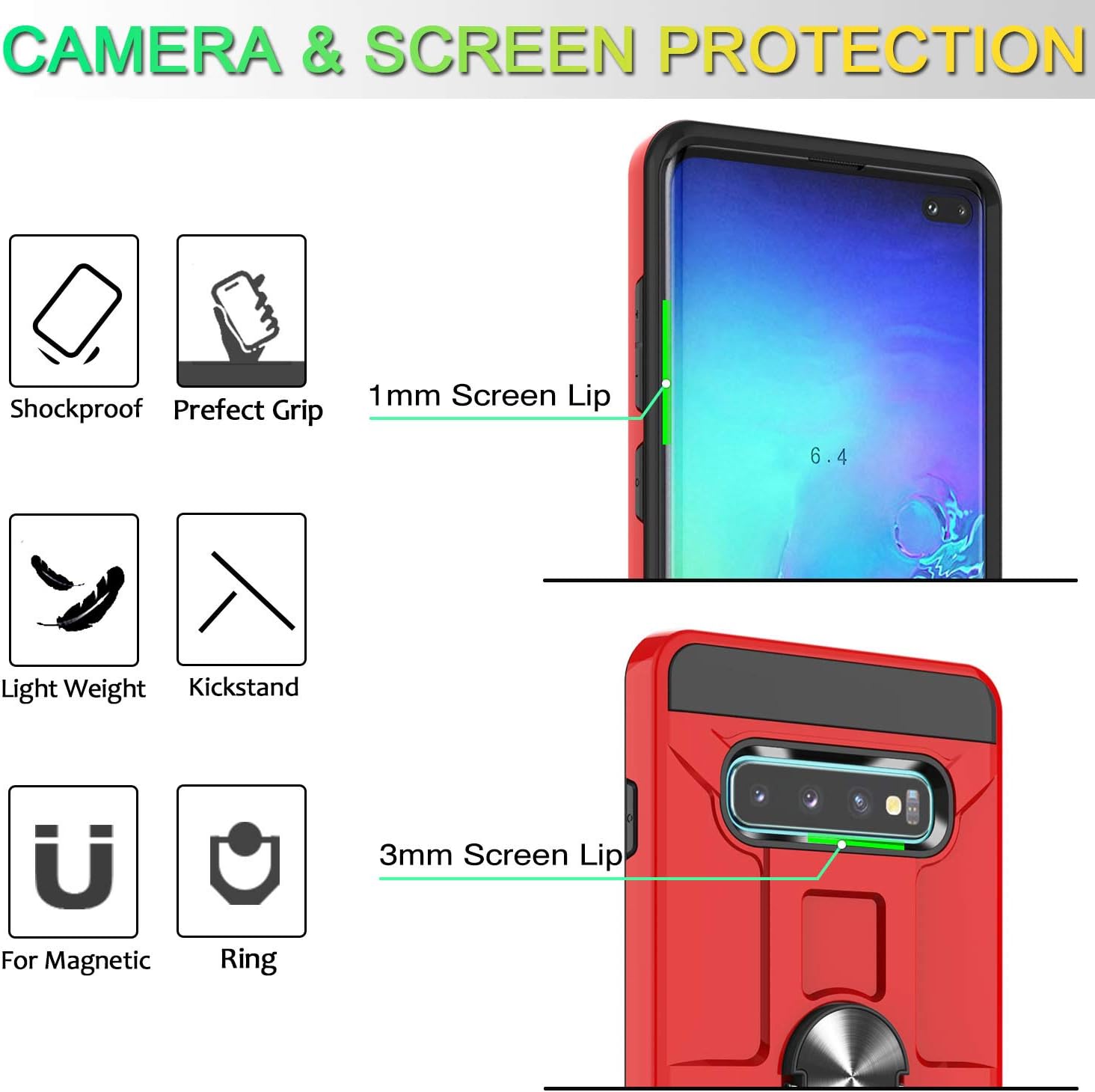 Galaxy S10 Plus Case with HD Screen Protector 6.4 Inch (2019), Atump 360° Rotation Ring Holder Kickstand [Work with Magnetic Car Mount] PC+ TPU Phone Case for Samsung Galaxy S10+,Red
