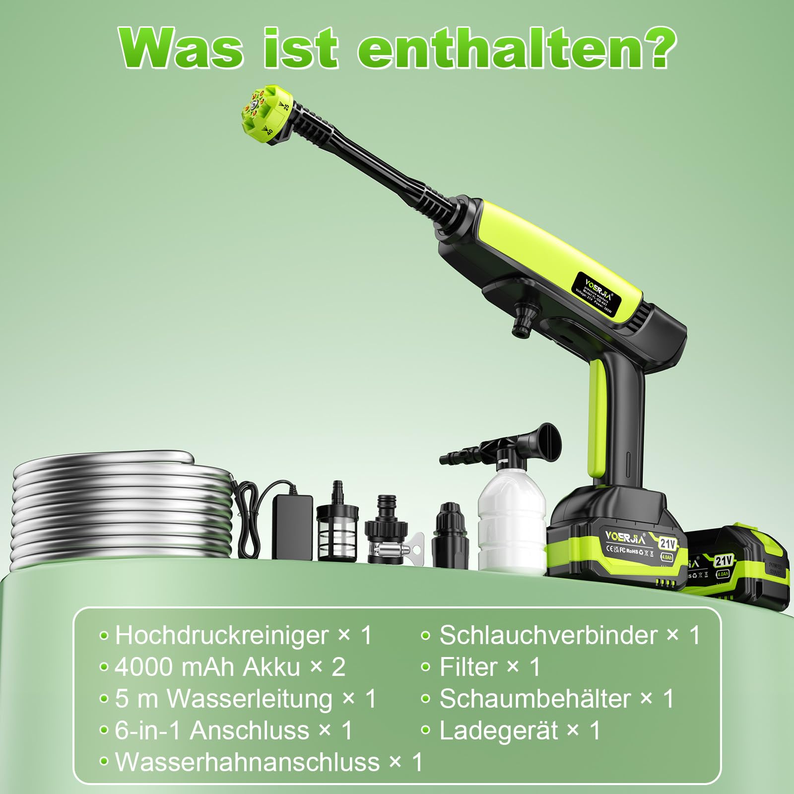 VOERJIA Akku-Hochdruckreiniger 21V 70 Bar 2x 4,0 Ah Akkus 400 L/h 6-in-1 Düse Grün
