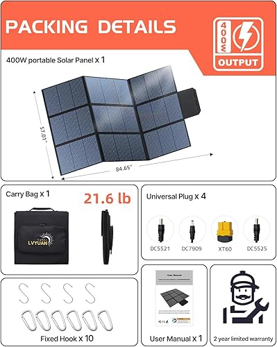 Miniatura 2 de LVYUAN Panel solar portátil de 400 W, panel solar plegable de tamaño de almohada de 20 V, impermeable IP65, eficiencia mejorada del 23% para