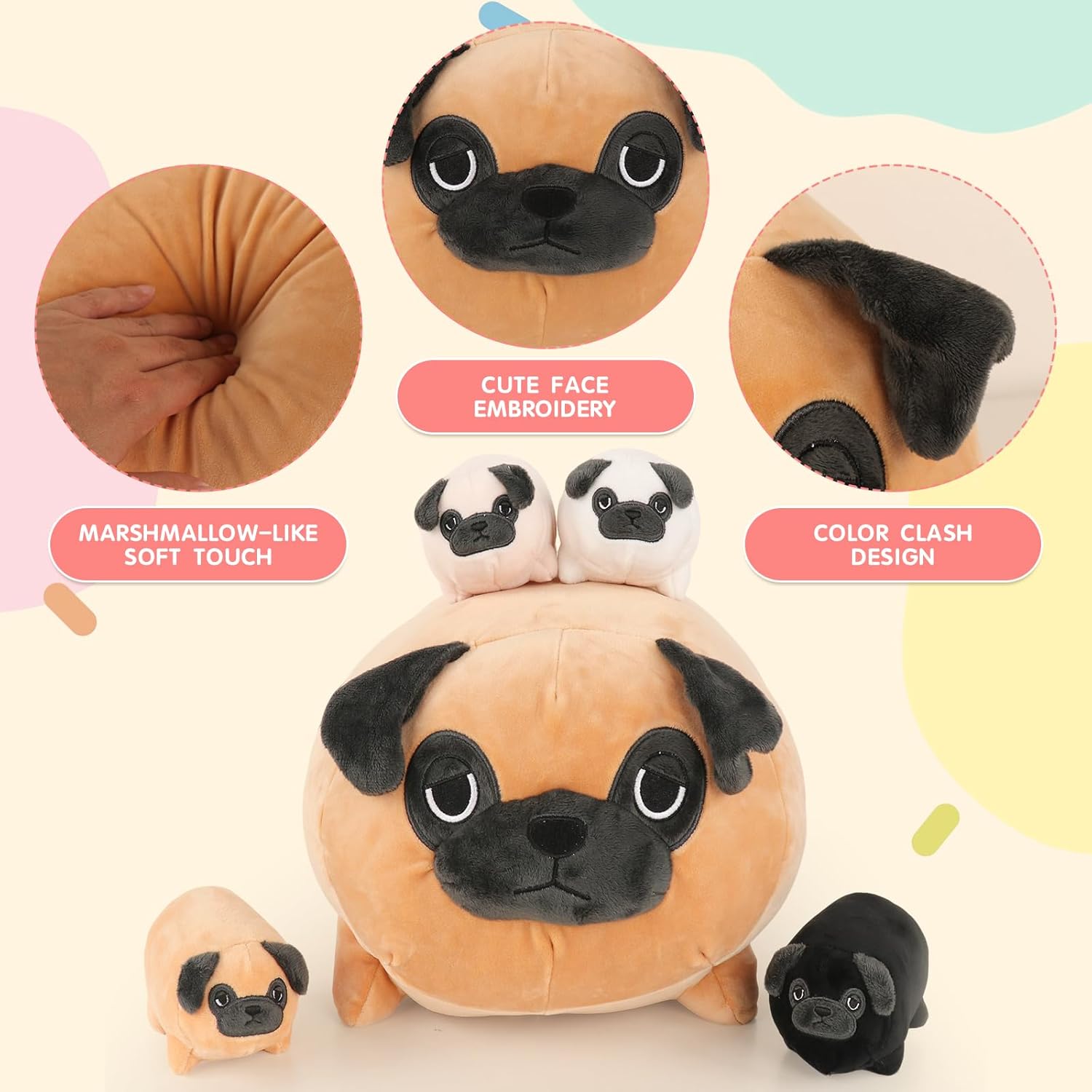 Soft Bulldog Plush Cute French Bulldog Stuffed Animals with 4 Puppy Baby Plushies in Her Tummy, Large Pug Dog Squishy Pillow Gift for Kids Boy Girl, Brithday Christmas Decor - Image 6