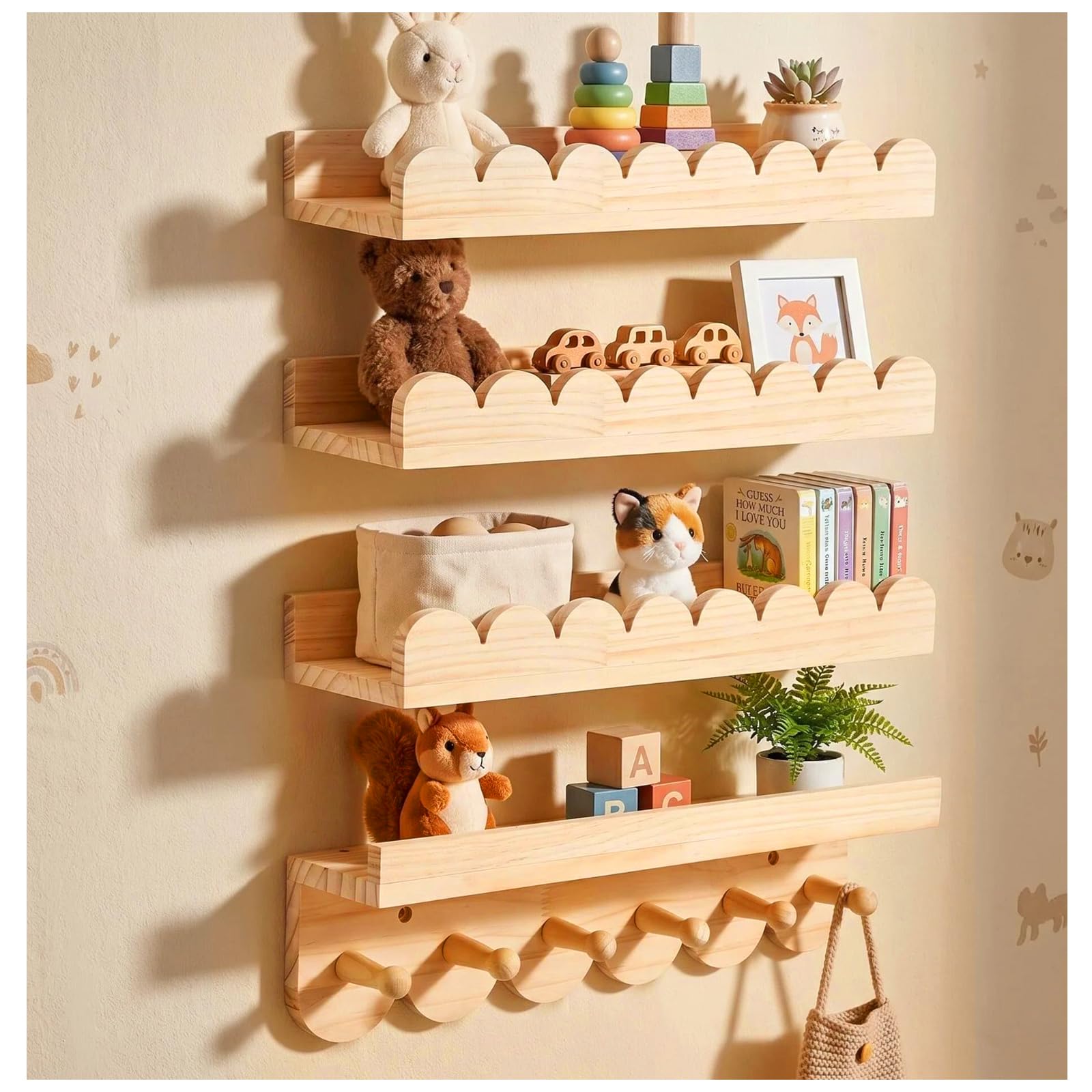 4er Étagères Murales Enfant en Bois Massif avec 6 crochets, 40cm Bibliothèque Etagere Murale Chambre pour Livres & Jouets, Étagère Montessori pour Fille Garçon Salle de Jeux Chambre à Coucher Salon