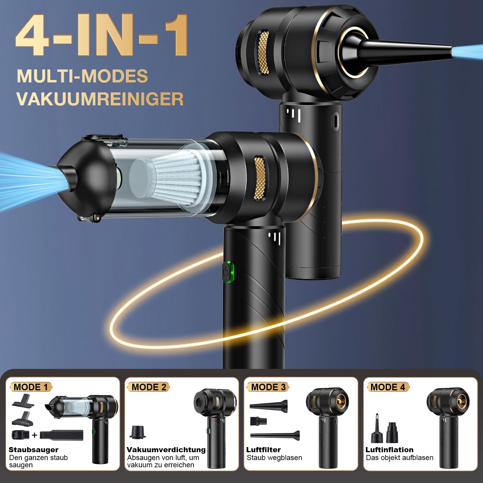 Handstaubsauger Akku 4-in-1,Auto Staubsauger Stark,28000PA HandstaubsaugerKabellos,3-Gang 240000 U/min Handstaubsauger Akku Testsieger für Auto,Küche,PC,Sofa,Büro,Haus& Tierhaar Reinigung