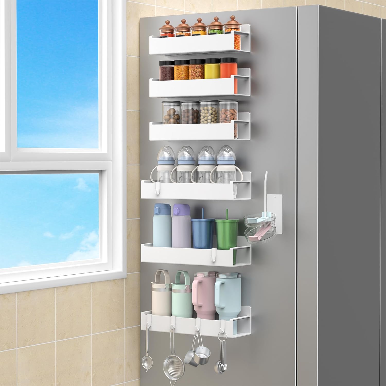 HuggieGems Magnetic Water Bottle Holder for Refrigerator, Cup Holder Organizer for Stanley and Tumbler for Kitchen, 6 Pack, White