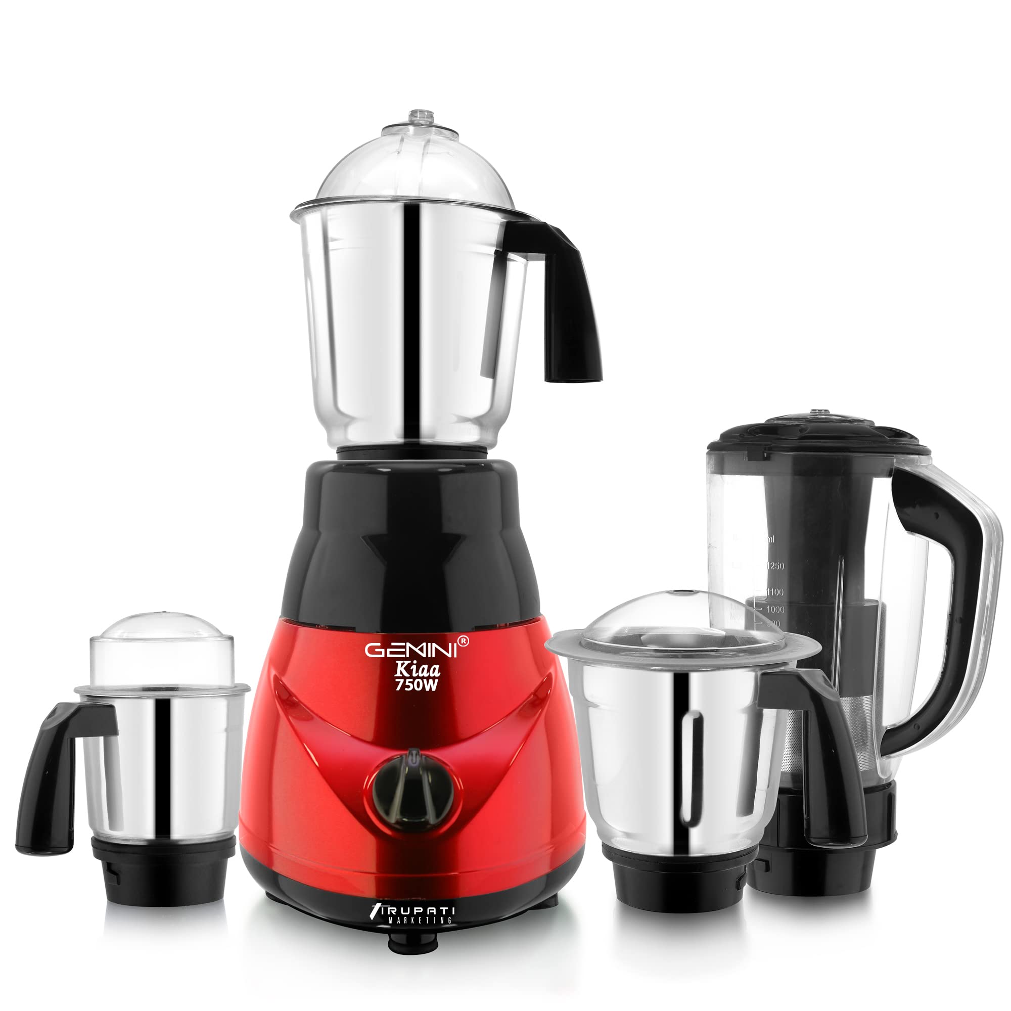 Gemini New Model Traditional KIAA 750-Watts Mixer Grinder with 3 Stainless Steel Jars and 1 ABS Juicer Jar 4R(Dry Jar, Chutney Jar, Liquid, Juicer Jar) Red-Black